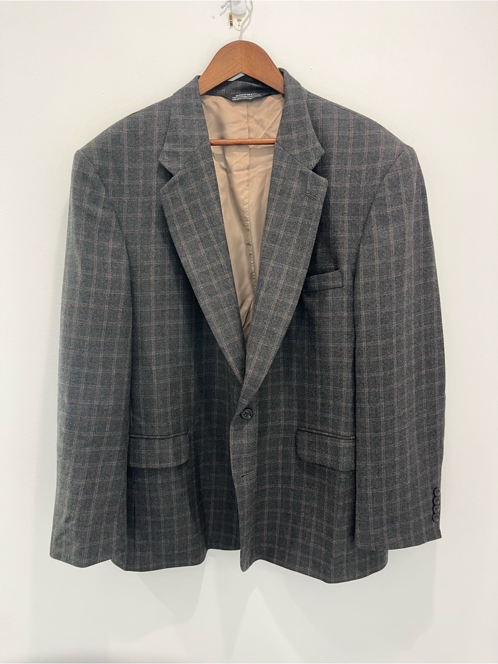 LANDS END Vintage Wool Gray Windowpane Blazer - Classic Single-Breasted Jacket